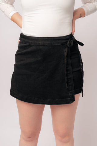 Bentli High Rise Side Tie Denim Skort in Black-[option4]-[option5]-[option6]-[option7]-[option8]-Womens-Clothing-Shop