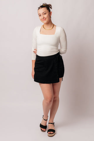 Bentli High Rise Side Tie Denim Skort in Black-[option4]-[option5]-[option6]-[option7]-[option8]-Womens-Clothing-Shop