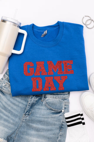 PREORDER: Embroidered Glitter Game Day Sweatshirt in Royal Blue/Red-[option4]-[option5]-[option6]-[option7]-[option8]-Womens-Clothing-Shop