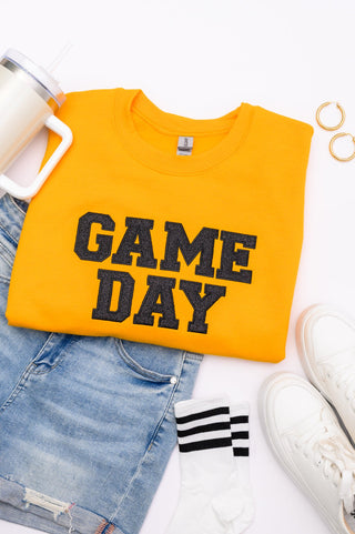 PREORDER: Embroidered Glitter Game Day Sweatshirt in Gold/Black-[option4]-[option5]-[option6]-[option7]-[option8]-Womens-Clothing-Shop