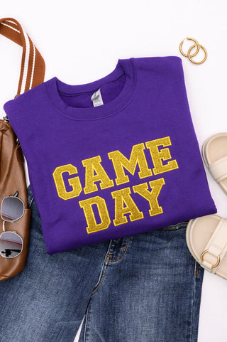 PREORDER: Embroidered Glitter Game Day Sweatshirt in Purple/Golden Yellow-[option4]-[option5]-[option6]-[option7]-[option8]-Womens-Clothing-Shop