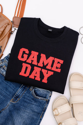 PREORDER: Embroidered Glitter Game Day Sweatshirt in Black/Red-[option4]-[option5]-[option6]-[option7]-[option8]-Womens-Clothing-Shop