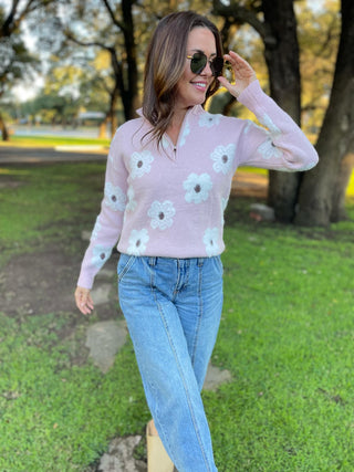 PREORDER: Flower Powered Half Zip Sweater in Four Colors-[option4]-[option5]-[option6]-[option7]-[option8]-Womens-Clothing-Shop