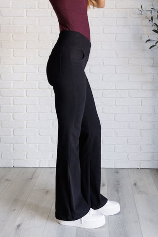 Building Habits Twill Flared Crossover Waist Pant in Black-[option4]-[option5]-[option6]-[option7]-[option8]-Womens-Clothing-Shop