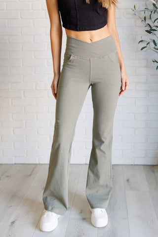 Building Habits Twill Flared Crossover Waist Pant in Dusty Olive-[option4]-[option5]-[option6]-[option7]-[option8]-Womens-Clothing-Shop