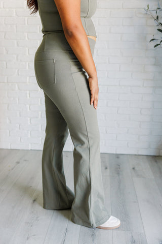 Building Habits Twill Flared Crossover Waist Pant in Dusty Olive-[option4]-[option5]-[option6]-[option7]-[option8]-Womens-Clothing-Shop