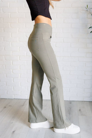 Building Habits Twill Flared Crossover Waist Pant in Dusty Olive-[option4]-[option5]-[option6]-[option7]-[option8]-Womens-Clothing-Shop