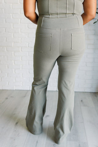 Building Habits Twill Flared Crossover Waist Pant in Dusty Olive-[option4]-[option5]-[option6]-[option7]-[option8]-Womens-Clothing-Shop