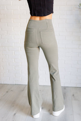 Building Habits Twill Flared Crossover Waist Pant in Dusty Olive-[option4]-[option5]-[option6]-[option7]-[option8]-Womens-Clothing-Shop