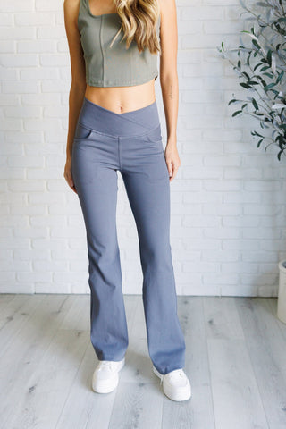 Building Habits Twill Flared Crossover Waist Pant in Titanium-[option4]-[option5]-[option6]-[option7]-[option8]-Womens-Clothing-Shop