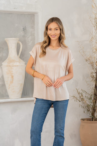 Shimmer Cuffed Top in Taupe-[option4]-[option5]-[option6]-[option7]-[option8]-Womens-Clothing-Shop