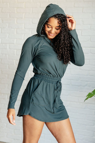 Getting Out Long Sleeve Hoodie Romper in Smoked Spruce-[option4]-[option5]-[option6]-[option7]-[option8]-Womens-Clothing-Shop