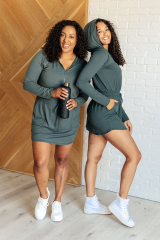 Getting Out Long Sleeve Hoodie Romper in Smoked Spruce-[option4]-[option5]-[option6]-[option7]-[option8]-Womens-Clothing-Shop