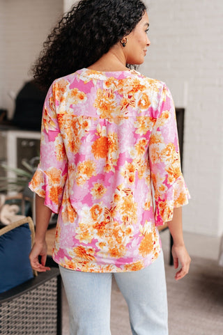 Lizzy Bell Sleeve Top in Pink and Gold Floral-[option4]-[option5]-[option6]-[option7]-[option8]-Womens-Clothing-Shop