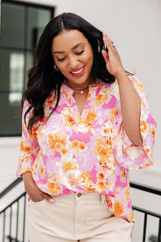 Lizzy Bell Sleeve Top in Pink and Gold Floral-[option4]-[option5]-[option6]-[option7]-[option8]-Womens-Clothing-Shop