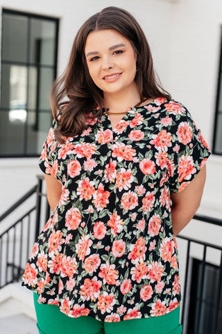 Lizzy Cap Sleeve Top in Black and Coral Floral-[option4]-[option5]-[option6]-[option7]-[option8]-Womens-Clothing-Shop