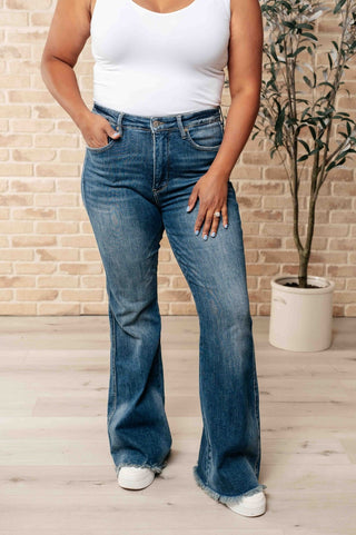 Miley High Waist Control Top Frayed Hem Flare Jeans-[option4]-[option5]-[option6]-[option7]-[option8]-Womens-Clothing-Shop