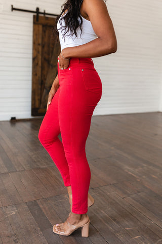 Ruby High Rise Control Top Garment Dyed Skinny Jeans in Red-[option4]-[option5]-[option6]-[option7]-[option8]-Womens-Clothing-Shop