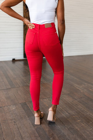 Ruby High Rise Control Top Garment Dyed Skinny Jeans in Red-[option4]-[option5]-[option6]-[option7]-[option8]-Womens-Clothing-Shop