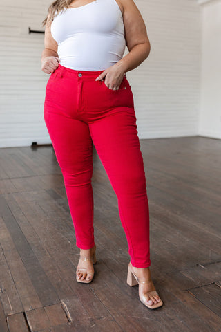 Ruby High Rise Control Top Garment Dyed Skinny Jeans in Red-[option4]-[option5]-[option6]-[option7]-[option8]-Womens-Clothing-Shop