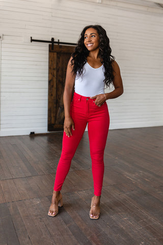 Ruby High Rise Control Top Garment Dyed Skinny Jeans in Red-[option4]-[option5]-[option6]-[option7]-[option8]-Womens-Clothing-Shop