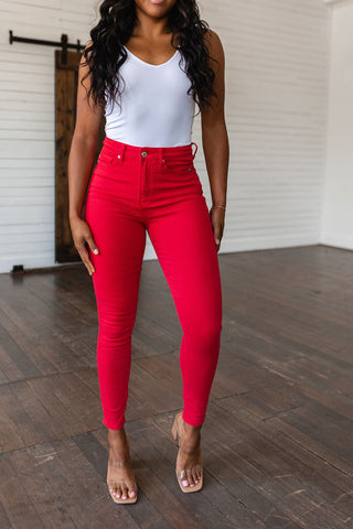 Ruby High Rise Control Top Garment Dyed Skinny Jeans in Red-[option4]-[option5]-[option6]-[option7]-[option8]-Womens-Clothing-Shop