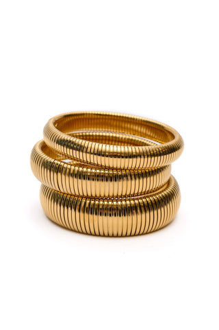 Sassy but Classy Ribbed Bangles in Gold Set of 3-OS-[option4]-[option5]-[option6]-[option7]-[option8]-Womens-Clothing-Shop