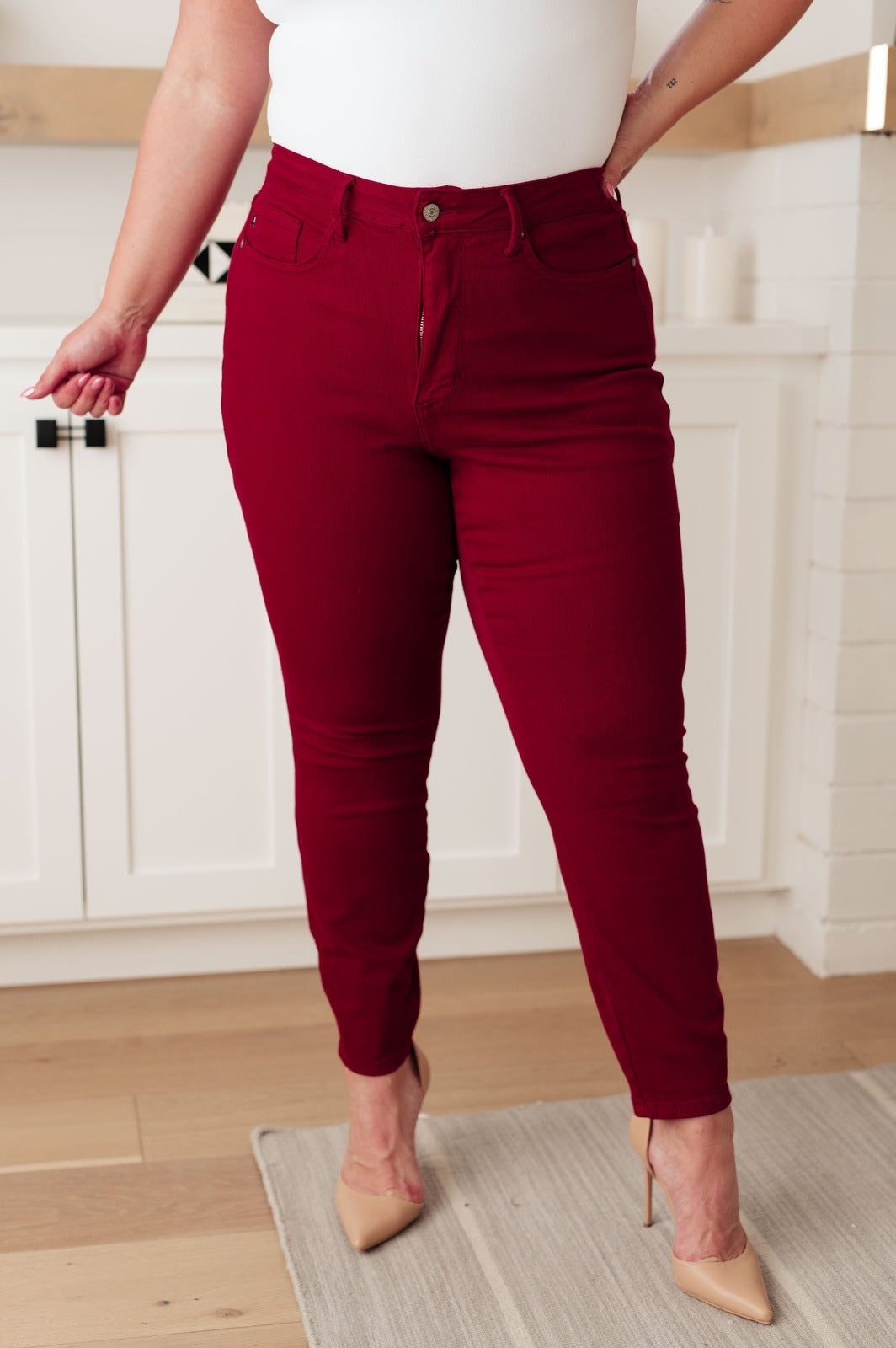 Ruby High Rise Control Top Garment Dyed Skinny Jeans in Red - Judy Blue