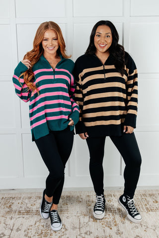 Well Situated Striped Quarter Zip Sweater in Green and Pink-[option4]-[option5]-[option6]-[option7]-[option8]-Womens-Clothing-Shop