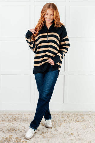 Well Situated Striped Quarter Zip Sweater in Black and Tan-[option4]-[option5]-[option6]-[option7]-[option8]-Womens-Clothing-Shop