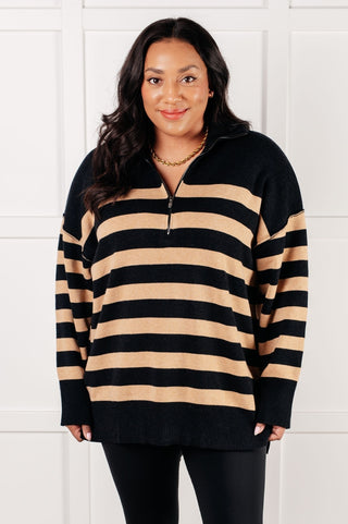 Well Situated Striped Quarter Zip Sweater in Black and Tan-[option4]-[option5]-[option6]-[option7]-[option8]-Womens-Clothing-Shop