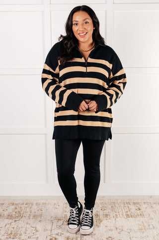 Well Situated Striped Quarter Zip Sweater in Black and Tan-[option4]-[option5]-[option6]-[option7]-[option8]-Womens-Clothing-Shop