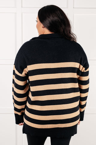 Well Situated Striped Quarter Zip Sweater in Black and Tan-[option4]-[option5]-[option6]-[option7]-[option8]-Womens-Clothing-Shop