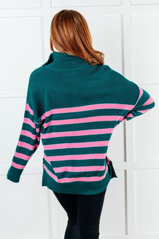 Well Situated Striped Quarter Zip Sweater in Green and Pink-[option4]-[option5]-[option6]-[option7]-[option8]-Womens-Clothing-Shop