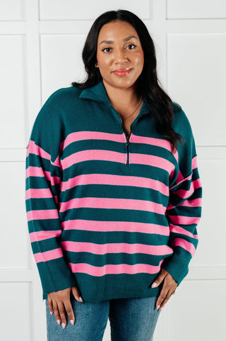 Well Situated Striped Quarter Zip Sweater in Green and Pink-[option4]-[option5]-[option6]-[option7]-[option8]-Womens-Clothing-Shop