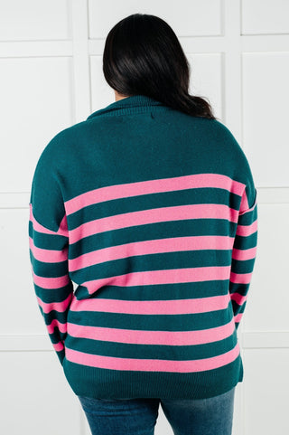 Well Situated Striped Quarter Zip Sweater in Green and Pink-[option4]-[option5]-[option6]-[option7]-[option8]-Womens-Clothing-Shop