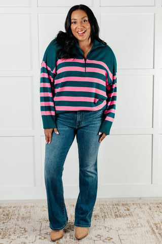 Well Situated Striped Quarter Zip Sweater in Green and Pink-[option4]-[option5]-[option6]-[option7]-[option8]-Womens-Clothing-Shop