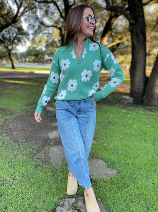 PREORDER: Flower Powered Half Zip Sweater in Four Colors-[option4]-[option5]-[option6]-[option7]-[option8]-Womens-Clothing-Shop