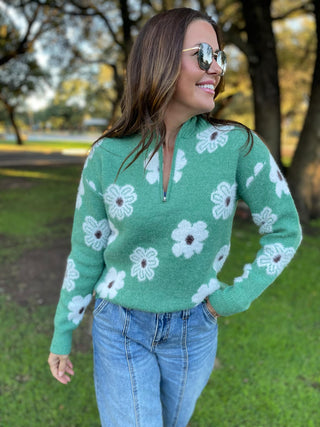 PREORDER: Flower Powered Half Zip Sweater in Four Colors-[option4]-[option5]-[option6]-[option7]-[option8]-Womens-Clothing-Shop