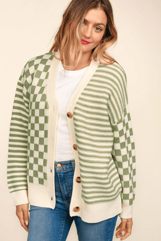 Button Down Checker Stripe Sweater Cardigan-[option4]-[option5]-[option6]-[option7]-[option8]-Womens-Clothing-Shop