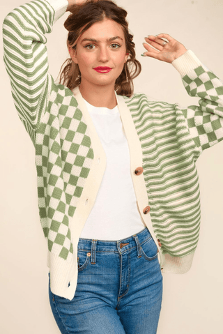 Button Down Checker Stripe Sweater Cardigan-[option4]-[option5]-[option6]-[option7]-[option8]-Womens-Clothing-Shop