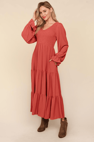 Smocking Maxi Woven Dress with Side Pockets in Marsala-[option4]-[option5]-[option6]-[option7]-[option8]-Womens-Clothing-Shop