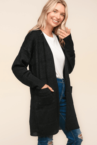 Stripe Textured Open Cardigan with Pockets in Black-[option4]-[option5]-[option6]-[option7]-[option8]-Womens-Clothing-Shop