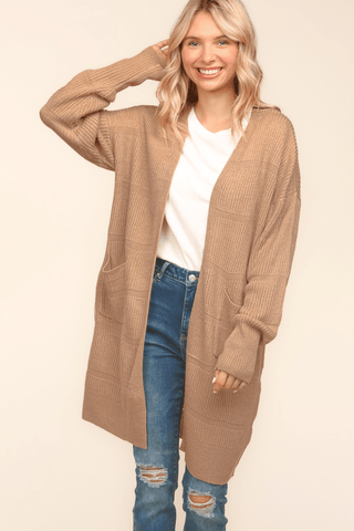 Stripe Textured Open Cardigan with Pockets in Taupe-[option4]-[option5]-[option6]-[option7]-[option8]-Womens-Clothing-Shop