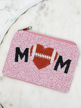 PREORDER: Football Heart 'Mom' Beaded Zip Pouch in Two Colors-[option4]-[option5]-[option6]-[option7]-[option8]-Womens-Clothing-Shop