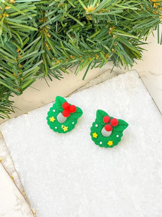 PREORDER: Christmas Wreath Clay Stud Earrings-One Size-[option4]-[option5]-[option6]-[option7]-[option8]-Womens-Clothing-Shop