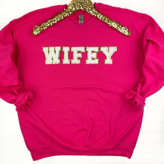 PREORDER: Wifey Chenille Patch Sweatshirt-[option4]-[option5]-[option6]-[option7]-[option8]-Womens-Clothing-Shop