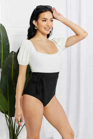 Salty Air Puff Sleeve One-Piece in Cream/Black-[option4]-[option5]-[option6]-[option7]-[option8]-Womens-Clothing-Shop