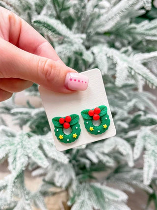 PREORDER: Christmas Wreath Clay Stud Earrings-One Size-[option4]-[option5]-[option6]-[option7]-[option8]-Womens-Clothing-Shop