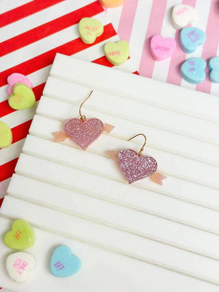 PREORDER: Acrylic Glitter Bow & Arrow Heart Dangle Earrings-One Size-[option4]-[option5]-[option6]-[option7]-[option8]-Womens-Clothing-Shop